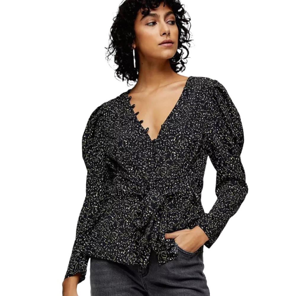Topshop Button Up Blouse Black Green Floral Print